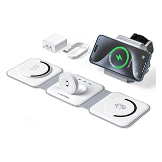 A modular charging station with multiple wireless charging pads for devices such as a smartwatch, earbuds, and a smartphone.