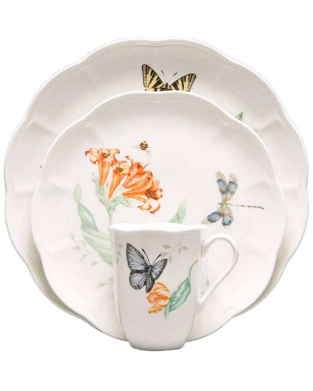 A white scalloped-edge plate and matching cup with painted flowers and butterflies.
