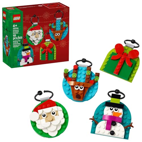 LEGO set featuring festive Christmas decorations to build, including Santa, a reindeer, a snowman, and a gift box, totaling 155 pieces suitable for ages 6 and up.