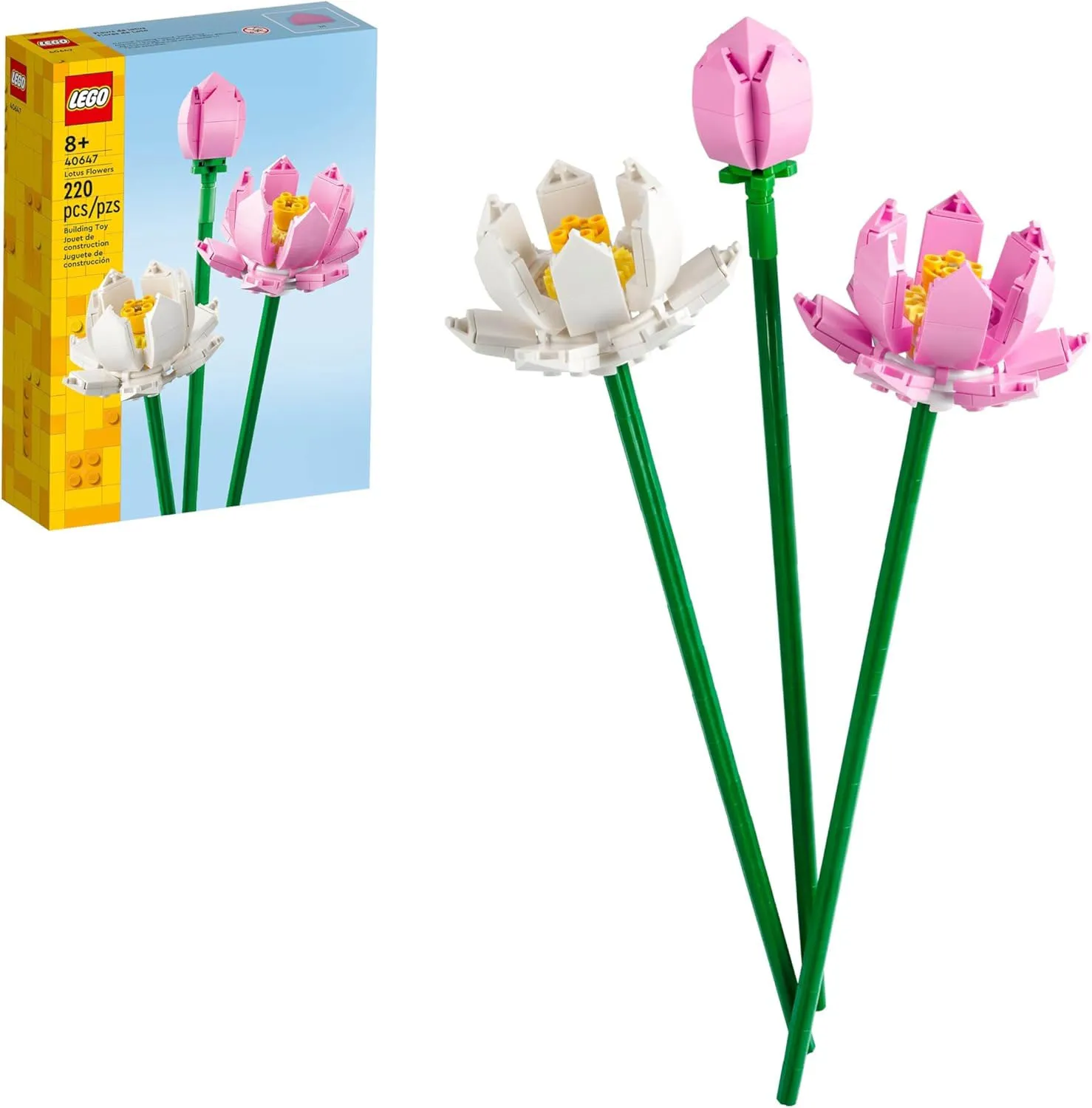 LEGO Lotus Flowers Set (40647) includes 220 pieces to build two fully bloomed flowers and a budding flower with pink and white petals on long green stems, suitable for ages 8 and up.