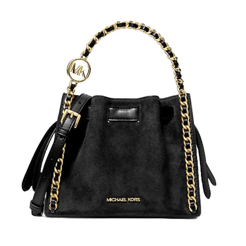 Black suede crossbody bag by Michael Kors with gold-tone chain detailing and a logo charm.