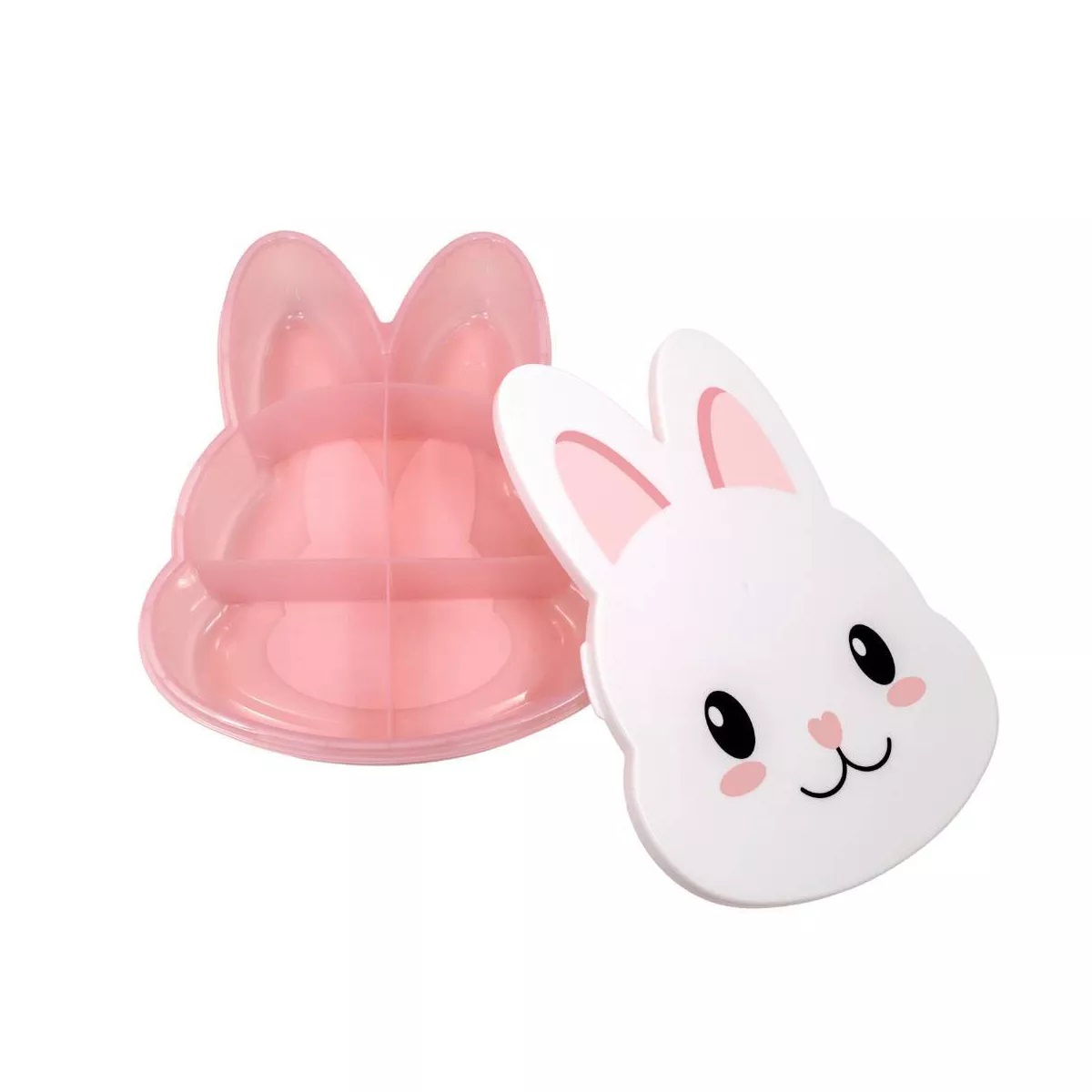A cute, bunny-shaped lunch box with a pink base and white lid. The lid features a smiling bunny face, and the base is divided into compartments for easy food storage.