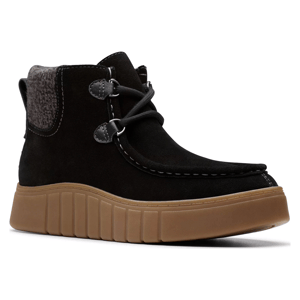 Black ankle boots with a thick rubber sole, featuring suede material, gray fabric accents around the ankle, and decorative stitching.