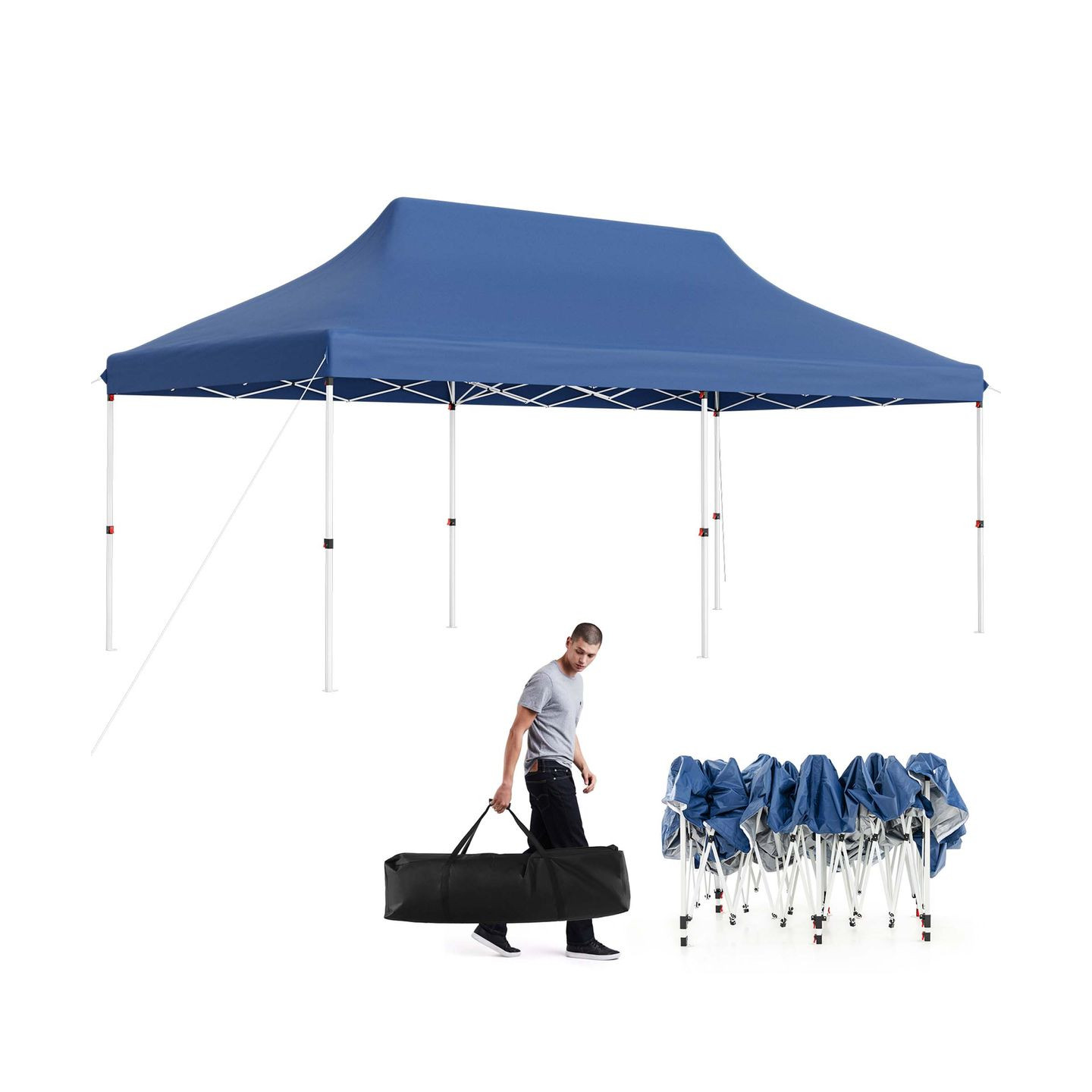 A blue pop-up canopy tent with a metal frame, shown fully assembled and also collapsed. A person is carrying a black storage bag containing the tent.