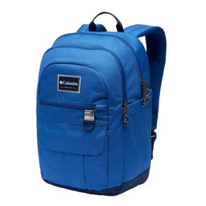 A blue Columbia backpack with multiple zippered compartments, a front pocket, and padded shoulder straps.