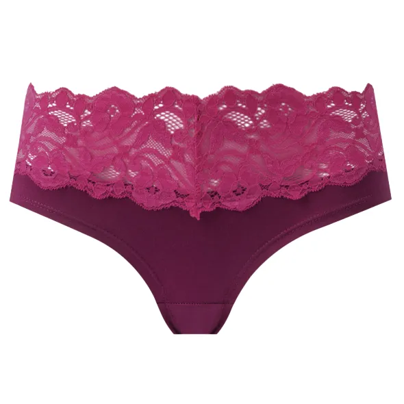 Purple lace-trimmed panties featuring floral lace detailing at the top.