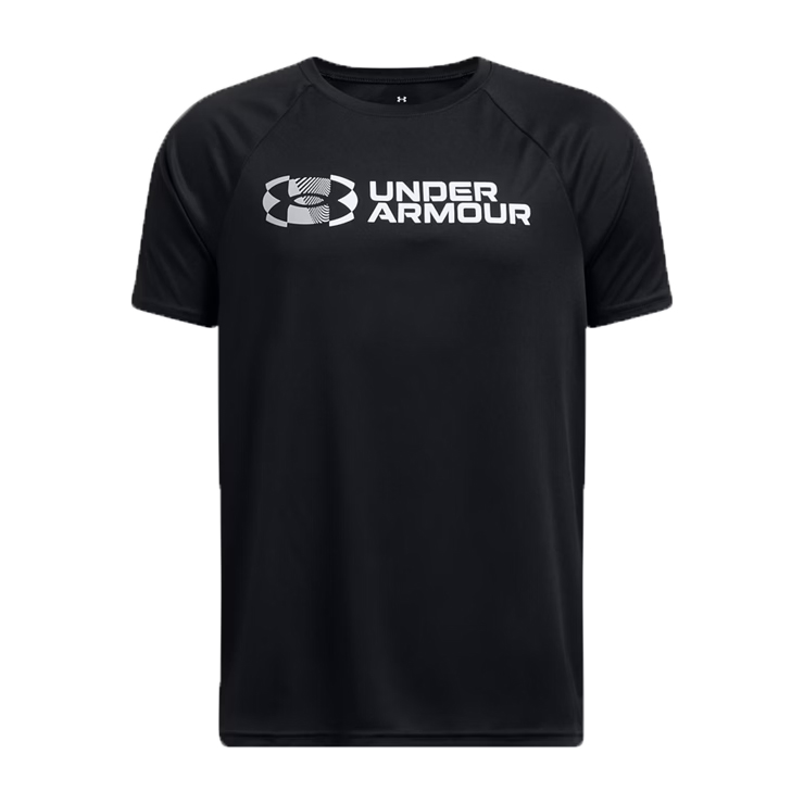 UA Boys' Tech Branded Shirt in black features a crew neck and short sleeves, with \“Under Armour\“ and the logo printed on the front in white. The shirt is designed for comfort and active wear.