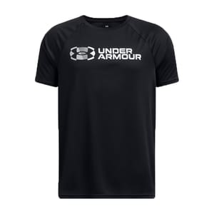UA Boys' Tech Branded Shirt in black features a crew neck and short sleeves, with \“Under Armour\“ and the logo printed on the front in white. The shirt is designed for comfort and active wear.