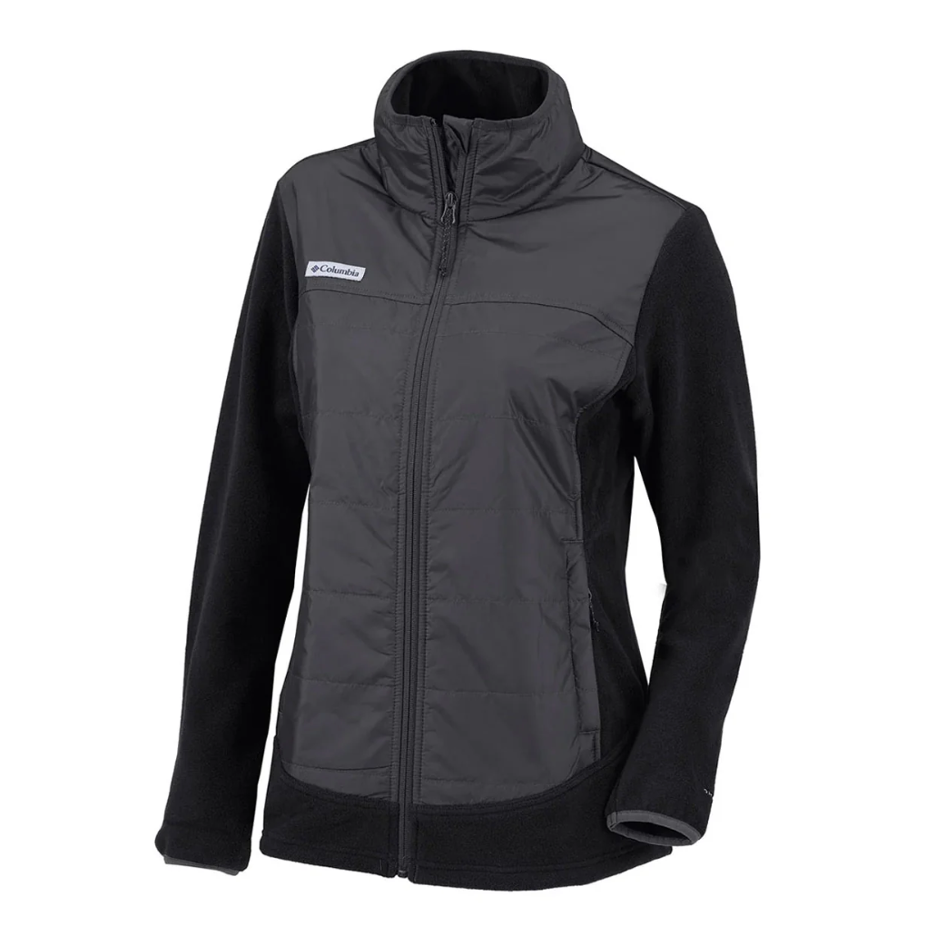 A black and gray Columbia jacket featuring a zip-up front, high collar, and a quilted upper section combined with fleece sleeves and sides.