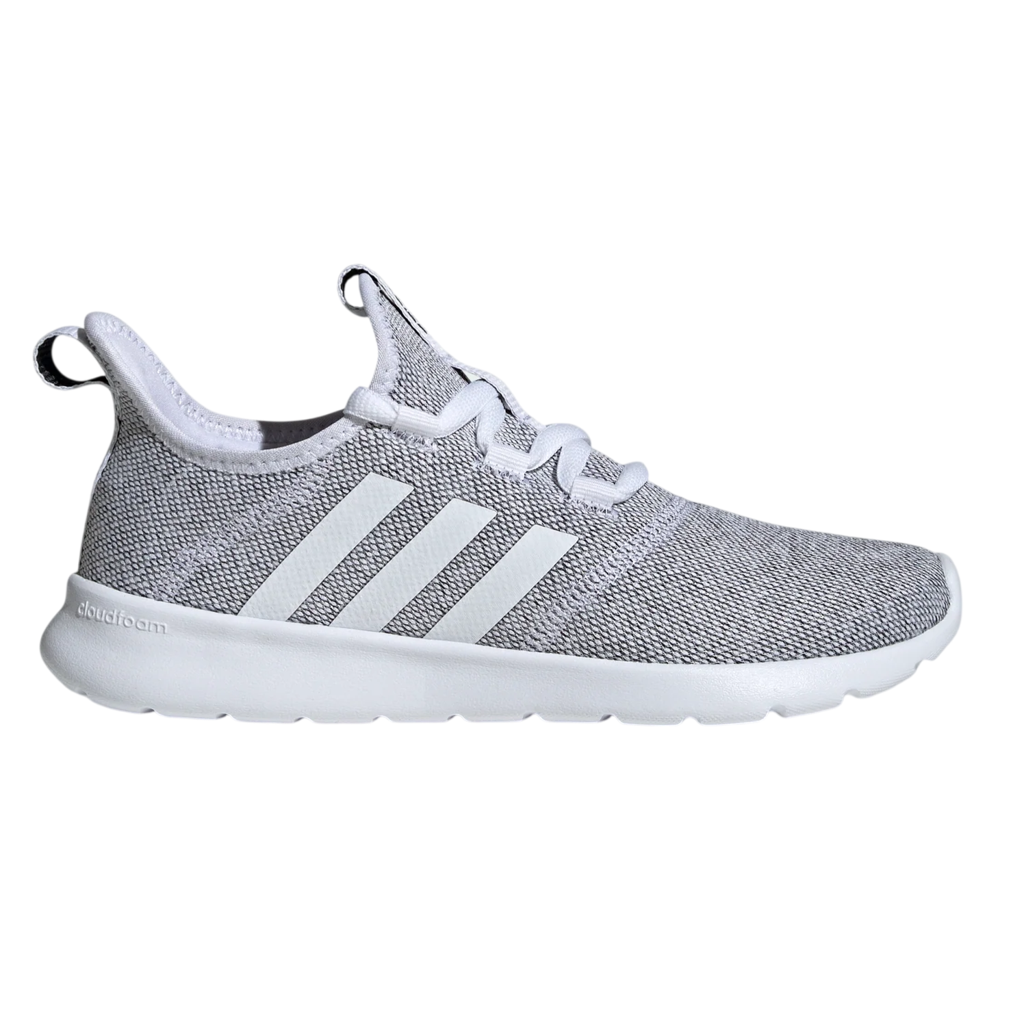 A gray and white Adidas sneaker with a lightweight knit upper, featuring three stripes on the side and a cushioned white sole labeled \“cloudfoam.\“