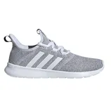 A gray and white Adidas sneaker with a lightweight knit upper, featuring three stripes on the side and a cushioned white sole labeled \“cloudfoam.\“