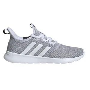 A gray and white Adidas sneaker with a lightweight knit upper, featuring three stripes on the side and a cushioned white sole labeled \“cloudfoam.\“