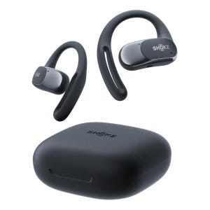 Shokz open-ear headphones with ear hooks offer a secure fit and come with a compact charging case. The design is sleek and modern, prioritizing both comfort and functionality.