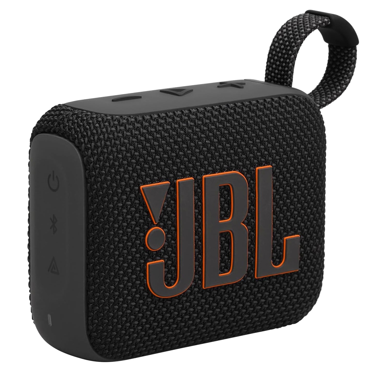 The JBL Go 4 is a compact, portable Bluetooth speaker with a woven fabric cover, featuring easy-to-access control buttons, a loop for carrying, and the JBL logo prominently displayed on the front.
