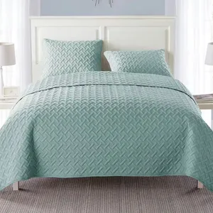 A light blue quilted bedspread with a textured pattern is shown on a bed, accompanied by two matching pillows. The bed is set against a white headboard with two bedside tables and lamps.