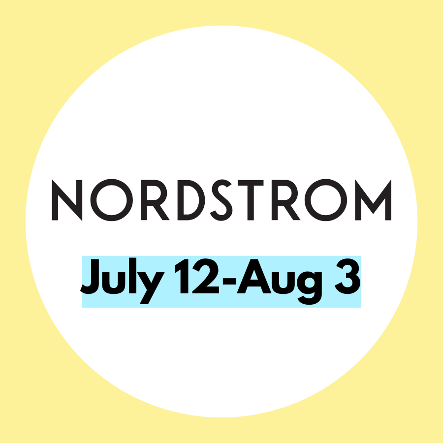 Nordstrom sale from July 12 to August 3, displayed on a circular white background with a yellow border.