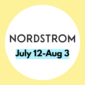 Nordstrom sale from July 12 to August 3, displayed on a circular white background with a yellow border.