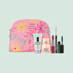 Clinique cosmetic set includes a pink floral pouch, All About Clean liquid facial soap, Moisture Surge moisturizer, lipstick, eyeliner, and mascara.