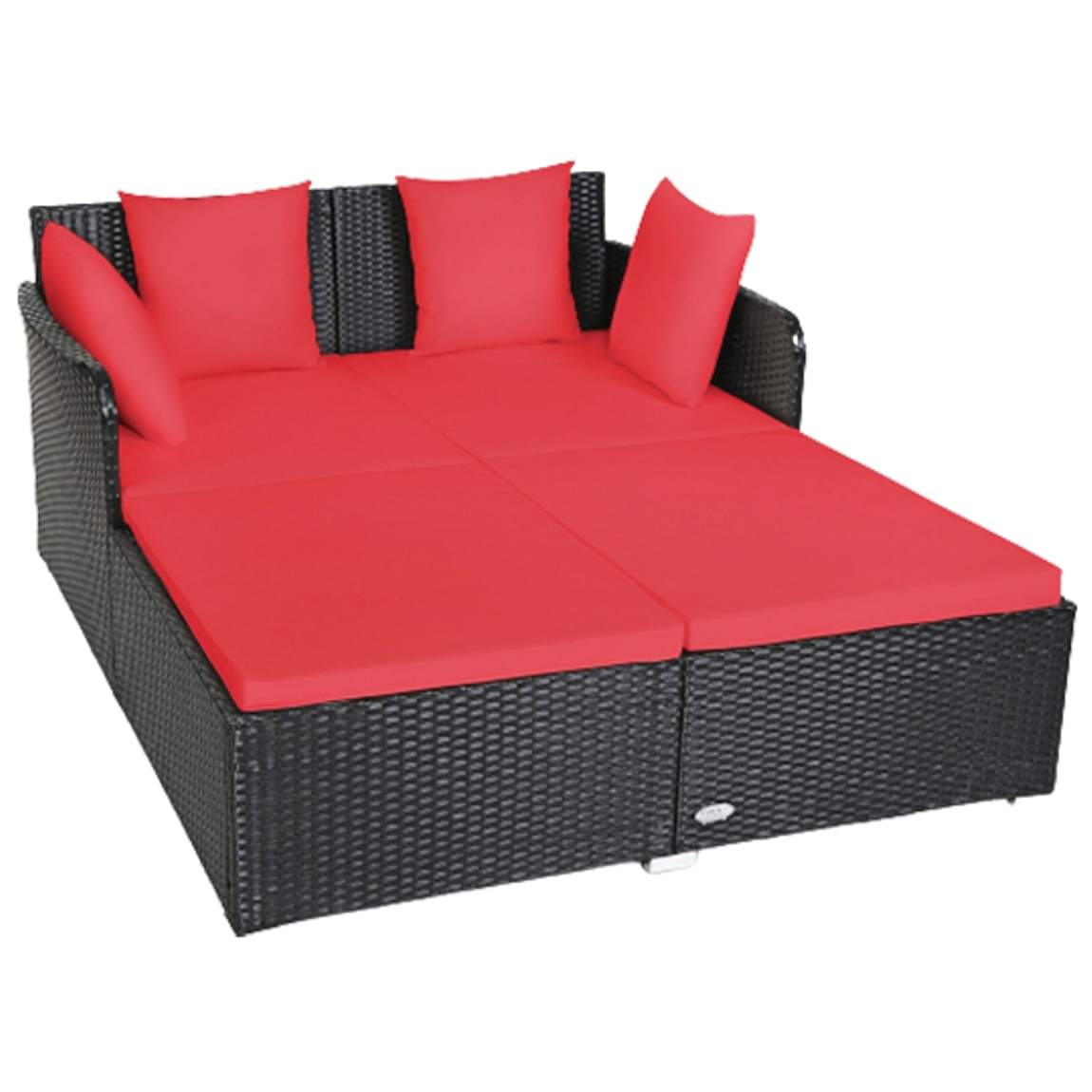 Black wicker patio daybed with red cushions, measuring 78.7\“ x 59\“ x 22.8\“. It features a spacious, flat design with removable cushions and several matching back pillows.