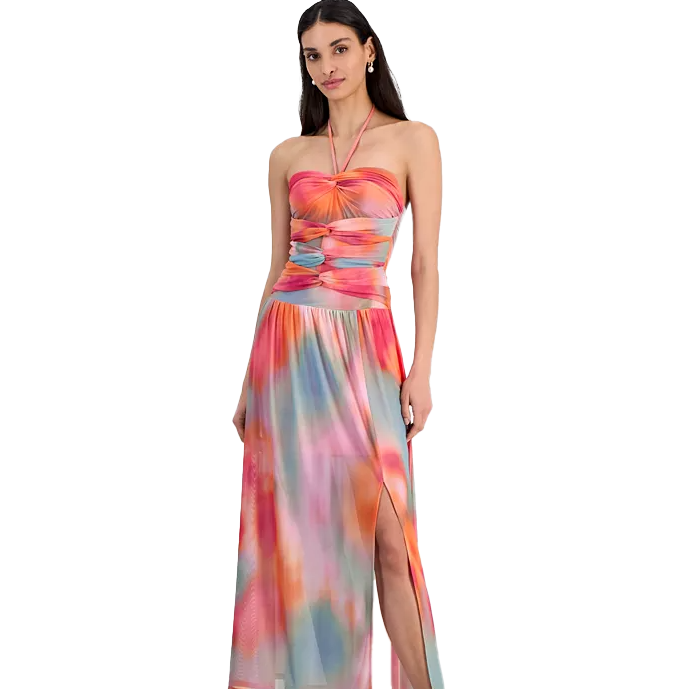 Strapless, multicolored maxi dress with a halter neck and side slit, featuring a twisted bodice design.
