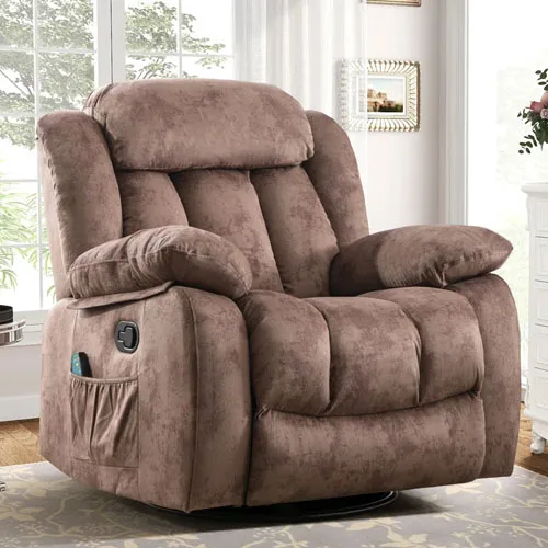 A plush brown reclining armchair with side pockets and a manual lever, set in a cozy, well-lit room with a rug and framed art.