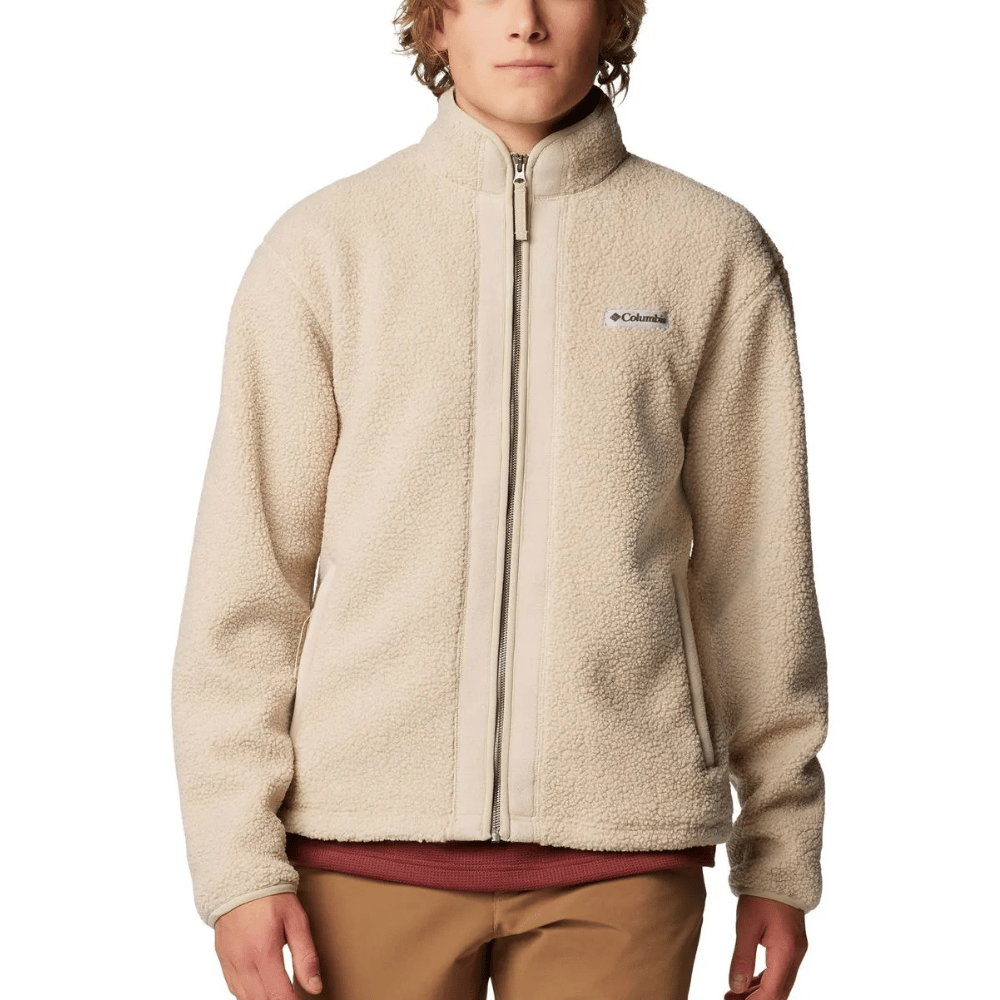 A beige Columbia fleece jacket with a high collar and front zipper, featuring the Columbia logo on the chest.