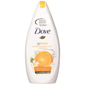 Dove Go Fresh Body Wash, Mandarin & Tiaré Flower scent, 100% gentle cleansers, moisturising cream, promises softer, smoother skin after one shower. White bottle with orange and flower graphics.