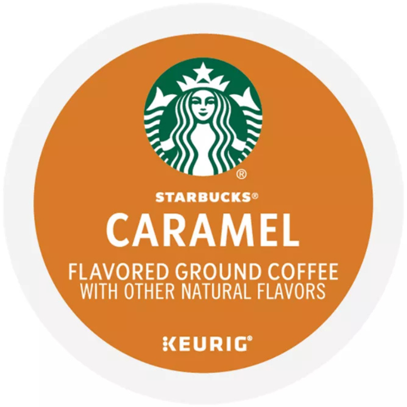 Starbucks Caramel flavored ground coffee K-Cup for Keurig, featuring natural flavors.