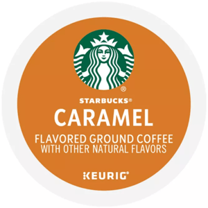 Starbucks Caramel flavored ground coffee K-Cup for Keurig, featuring natural flavors.
