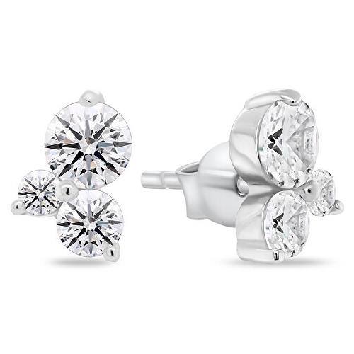Silver stud earrings with a triple cluster of round, sparkling stones.