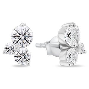 Silver stud earrings with a triple cluster of round, sparkling stones.