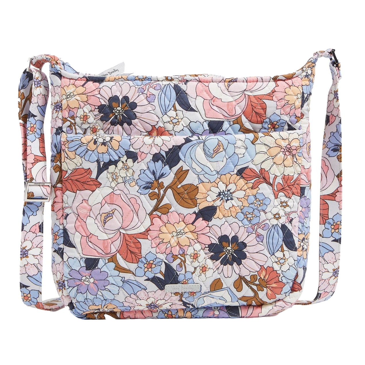 Vera Bradley XL Crossbody with a floral pattern in pink, blue, and beige hues. It features an adjustable strap and quilted texture.