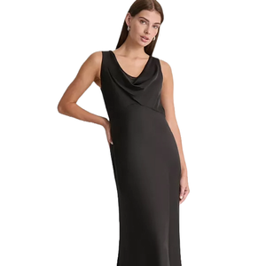 DKNY Cowl-Neck Sleeveless Gown in black features a draped neckline and a floor-length design, creating a sleek and elegant silhouette ideal for formal occasions.