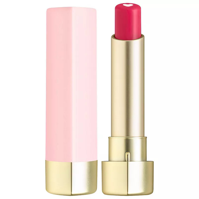 The Too Faced Heart Lipstick features a gold tube with a pink outer cap. The lipstick itself is a bright pink shade with a small heart design on the top.