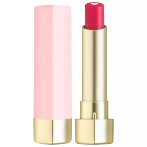 The Too Faced Heart Lipstick features a gold tube with a pink outer cap. The lipstick itself is a bright pink shade with a small heart design on the top.