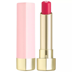 The Too Faced Heart Lipstick features a gold tube with a pink outer cap. The lipstick itself is a bright pink shade with a small heart design on the top.