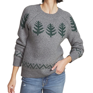 Gray sweater with green tree and zigzag patterns. Paired with distressed blue jeans.