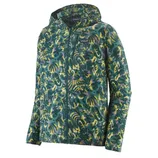 A patterned hooded jacket with a colorful abstract leaf design in green, yellow, and purple hues.