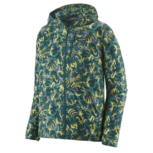 A patterned hooded jacket with a colorful abstract leaf design in green, yellow, and purple hues.