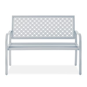Light gray bench with a geometric cutout backrest and straight armrests, made of steel. Ideal for outdoor use with a simple and modern design.