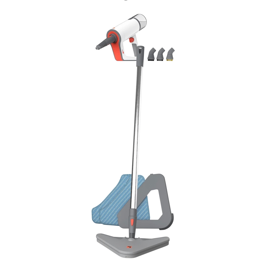 The Sharper Image Steam Mop features a sleek, modern design with a detachable handheld unit, adjustable pole, triangular mop head, and comes with three interchangeable nozzle attachments for versatile cleaning.