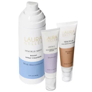 Laura Geller Spackle collection includes a Spackle Mist Boost Spray Fixateur (with electrolytes, 3.3 fl. oz.) and two Spackle Skin Perfecting Primers in Diamond and Original Bronze.