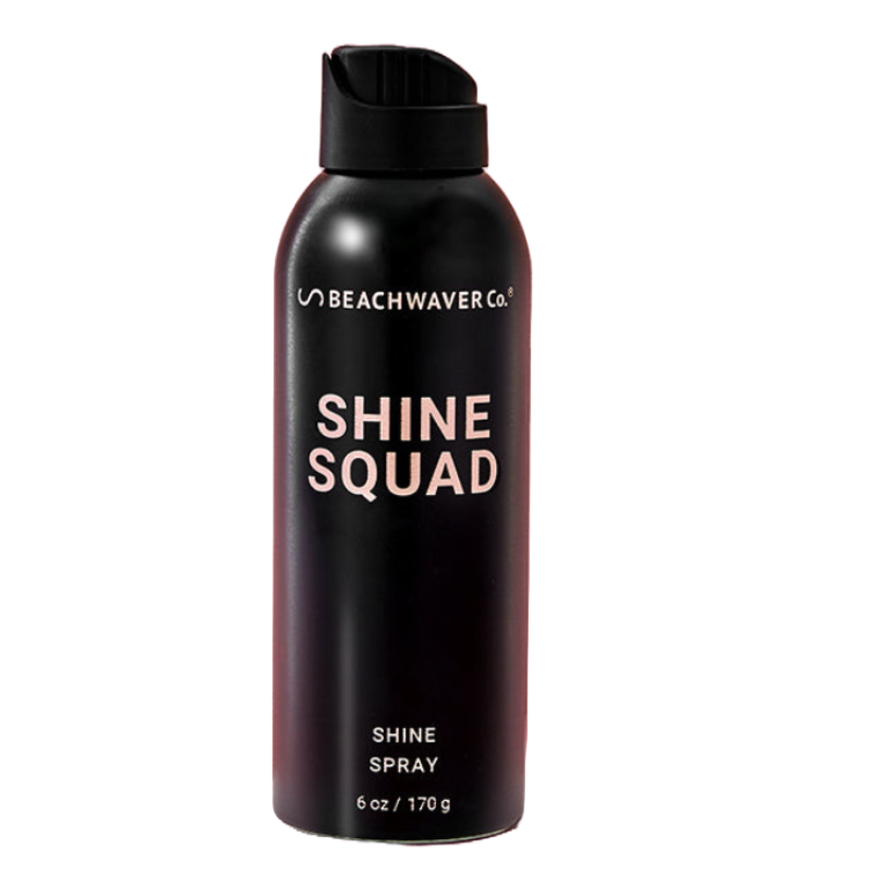 Beachwaver Co. Shine Squad Shine Spray is a 6 oz (170 g) bottle designed to add shine to hair.