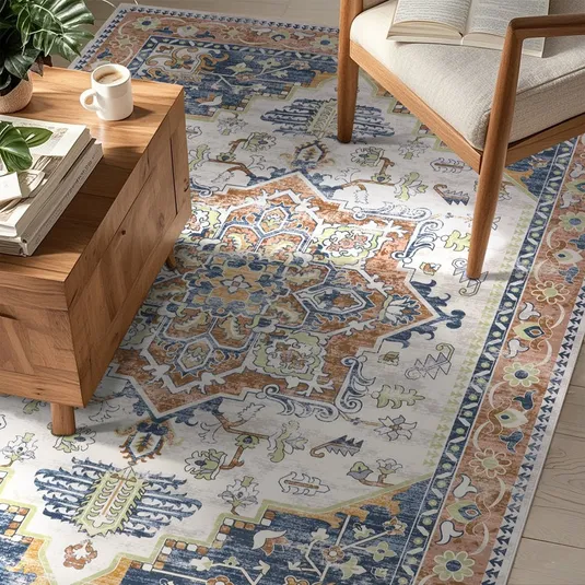 A decorative rug with intricate geometric and floral patterns in blue, brown, and green tones is placed under a wooden coffee table and next to a cushioned chair with a book on the seat. A cup of coffee and a plant adorn the table.