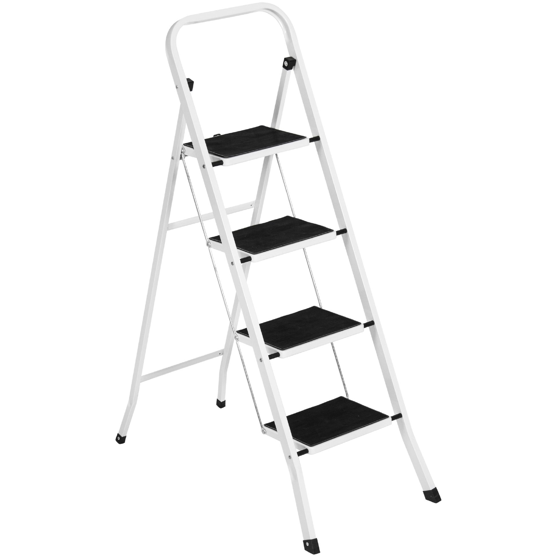 A white folding step ladder with four black steps and rubber-tipped feet for stability.
