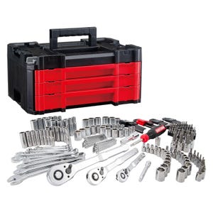 230-piece Craftsman Mechanics Tool Set includes various sizes of sockets, wrenches, ratchets, and screwdriver bits, all neatly organized in a black and red portable tool box with pull-out drawers.