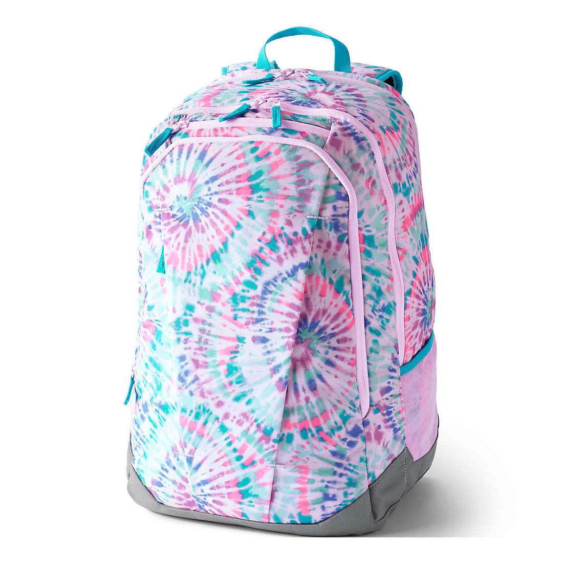 Colorful tie-dye patterned backpack with shades of pink, blue, and green; features multiple zippered compartments and a handle on top.