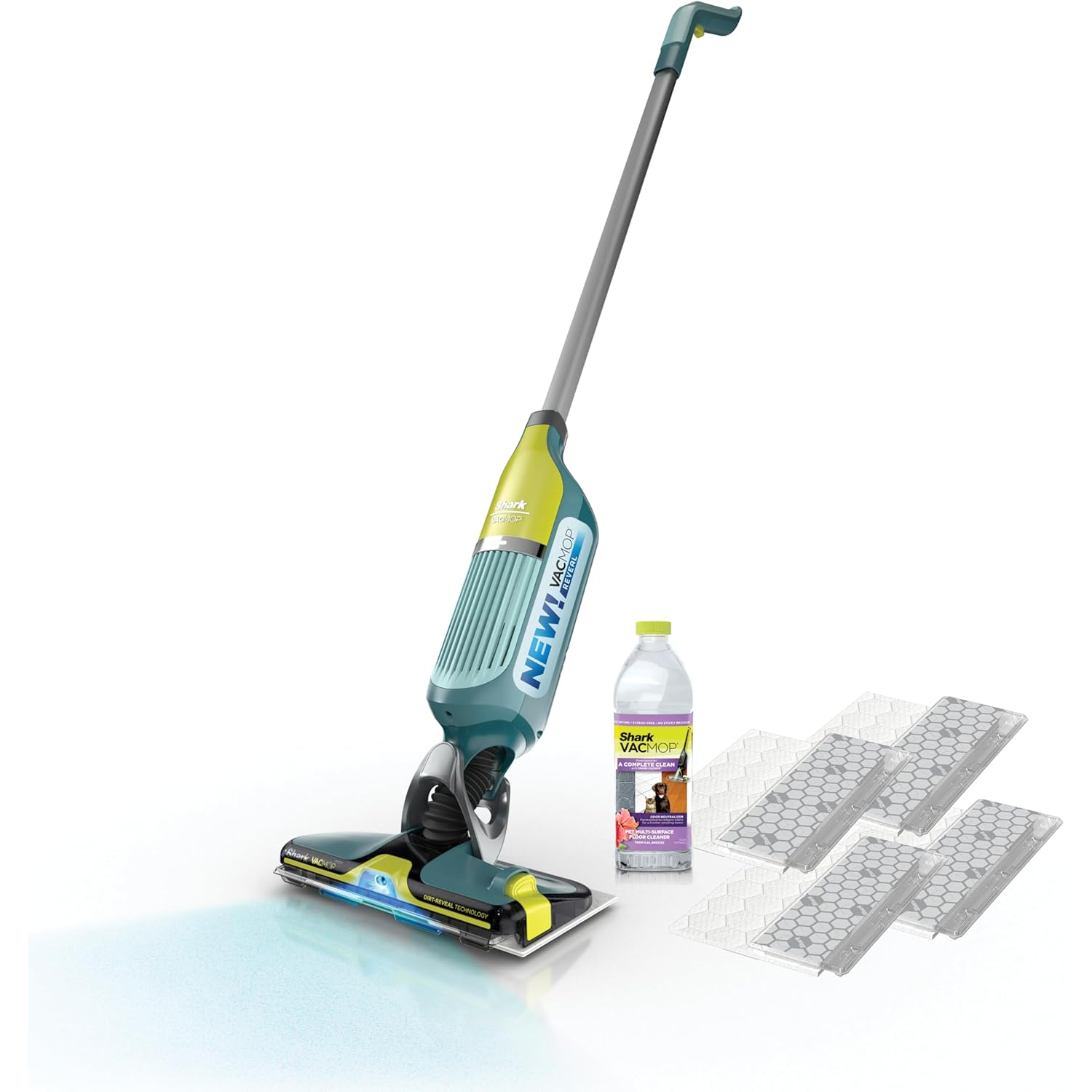 Shark VACMOP Pro cordless hard floor vacuum mop includes a cleaning solution and disposable pads, featuring a spray function for cleaning.