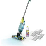 Shark VACMOP Pro cordless hard floor vacuum mop includes a cleaning solution and disposable pads, featuring a spray function for cleaning.
