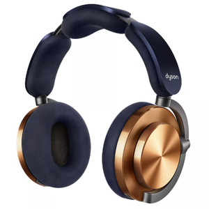 Dyson over-ear headphones in navy and bronze colors, featuring a padded headband and cushioned ear cups.